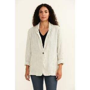 C&C California Striped Linen  Blazer – Cream with Blue Pinstripes, Size large